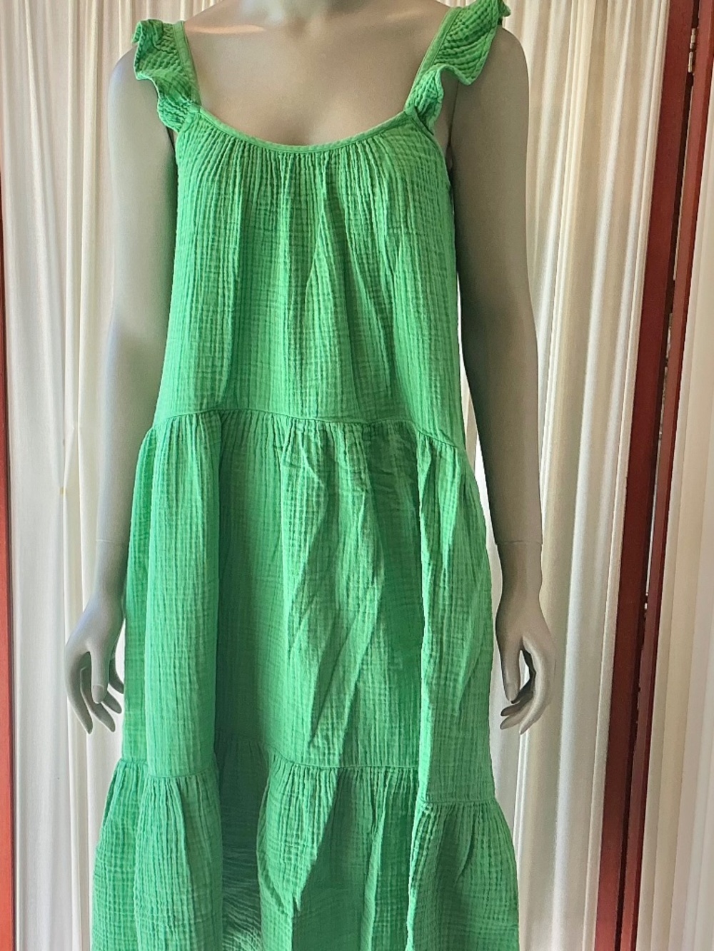 Xirena Midi Dress Green Tiered Cotton Gauze Ruffled Adjustable Straps Sz Small